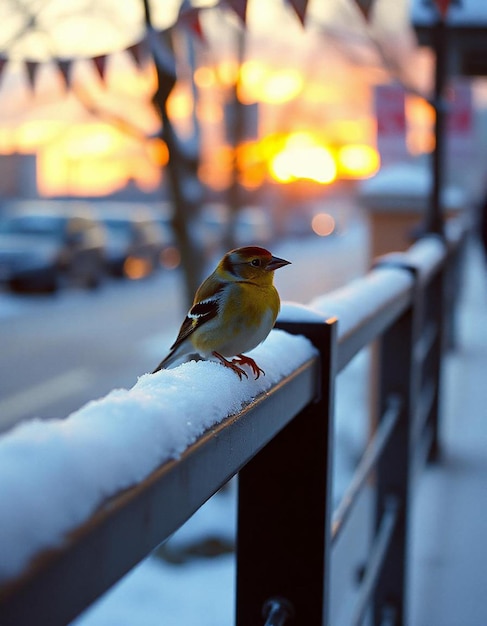 PSD a bird is sitting on a with a snow covered background