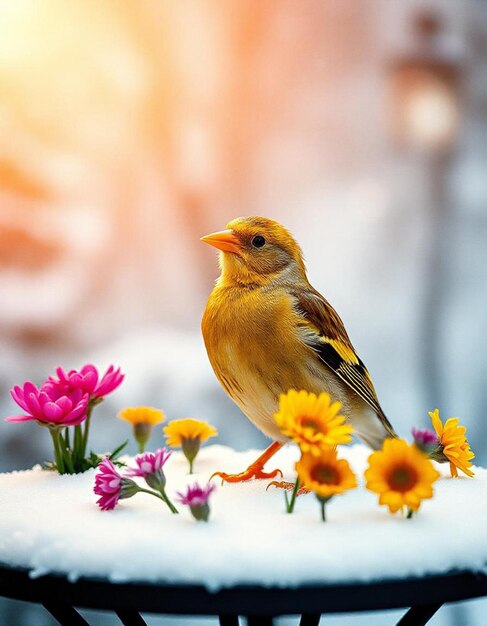 PSD a bird is sitting on a with a snow covered background