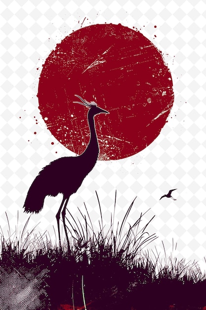 PSD a bird is standing in the grass with a red moon in the background