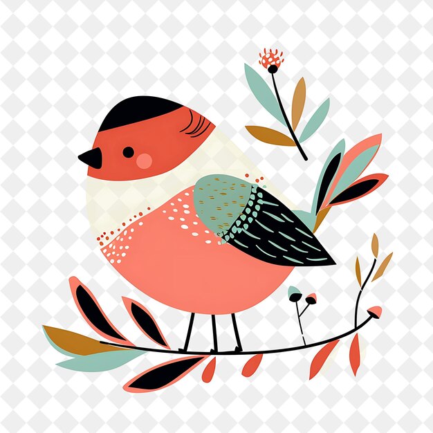 PSD a bird with a red beak sits on a branch with flowers and leaves