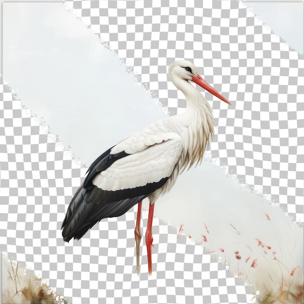 a bird with a red beak stands on a white and black background