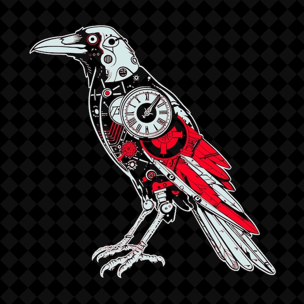 a bird with a red feather on its back has a clock on it