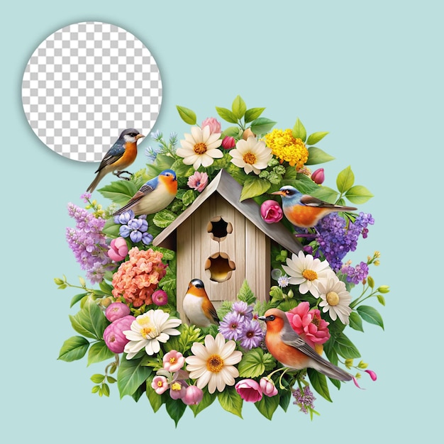 PSD birdhouse with flowers 4k hd nature composition photo on transparent background