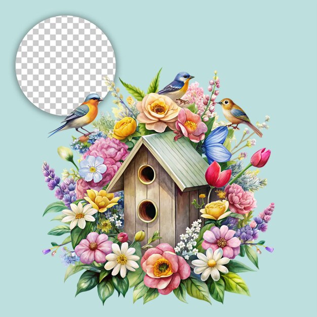 PSD birdhouse with flowers 4k hd nature composition photo on transparent background