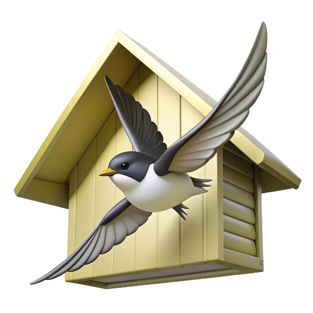 a birdhouse with a yellow roof that has a blue and white bird on it