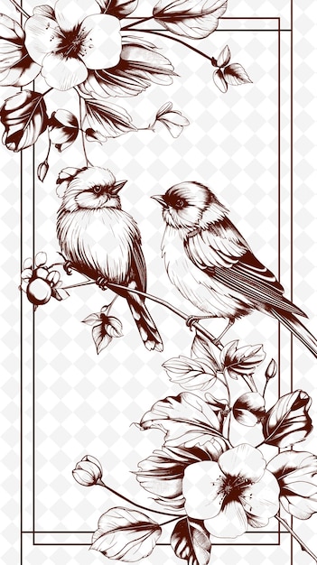 birds on a branch with flowers and a bird