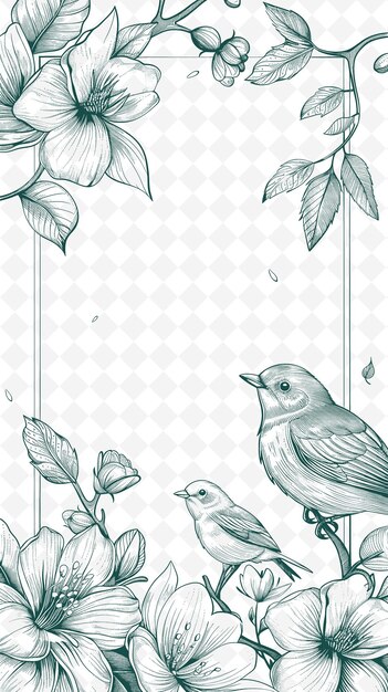 birds on a branch with leaves and flowers