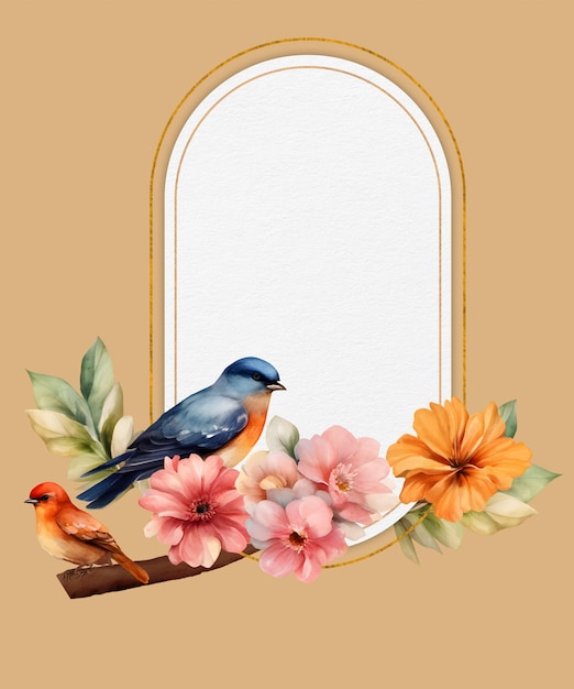 PSD birds on branches flower border frame