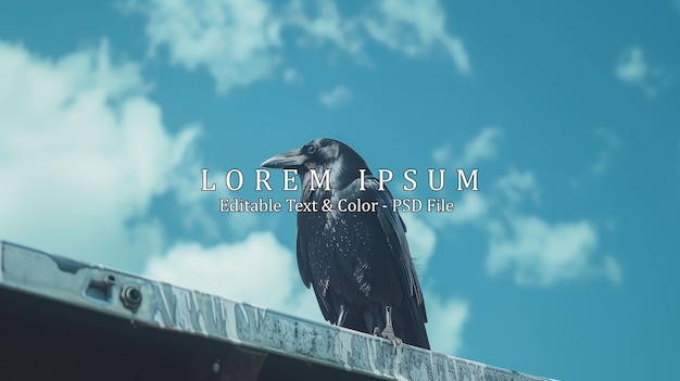 PSD birds of a crow closeup on a metal roof against a blue sky