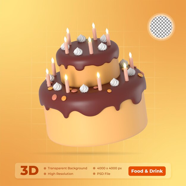 Birthday Cake 3D illustration Icon Foods and Drinks with Transparent Background