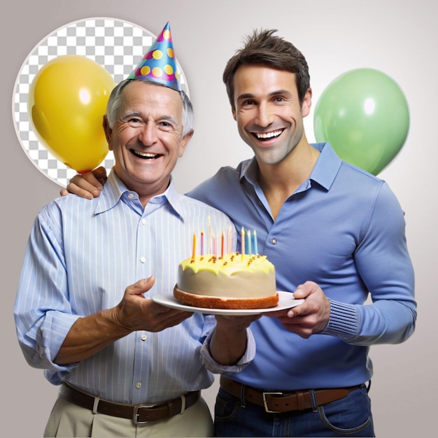 PSD birthday cake cheerful cute boy with father holding birthday cake on transparent background