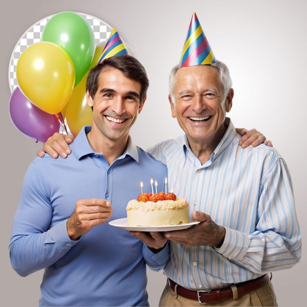 Birthday cake Cheerful cute boy with father holding birthday cake on transparent background