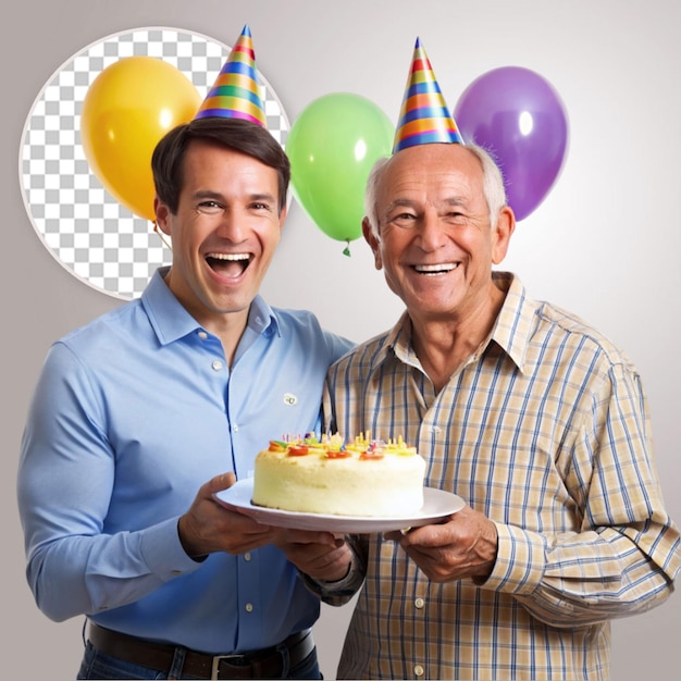 Birthday cake Cheerful cute boy with father holding birthday cake on transparent background