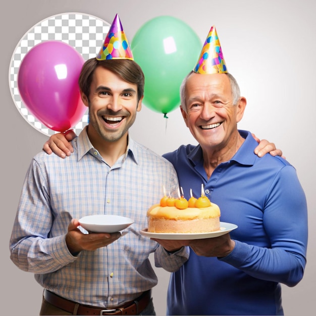 Birthday cake Cheerful cute boy with father holding birthday cake on transparent background