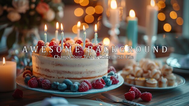 PSD birthday cake with candles on a festive table