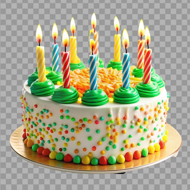 Birthday cake with lit candles on white background