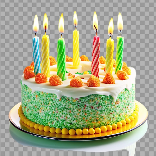 Birthday cake with lit candles on white background