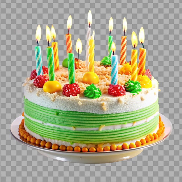 Birthday cake with lit candles on white background