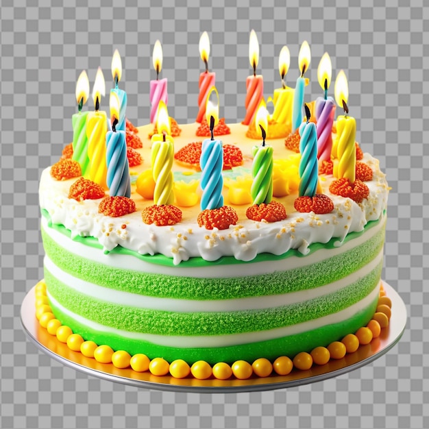 Birthday cake with lit candles on white background