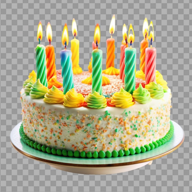 Birthday cake with lit candles on white background