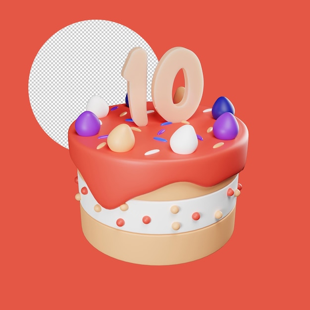 birthday cake with number 10 candle, 3d realistic rendering