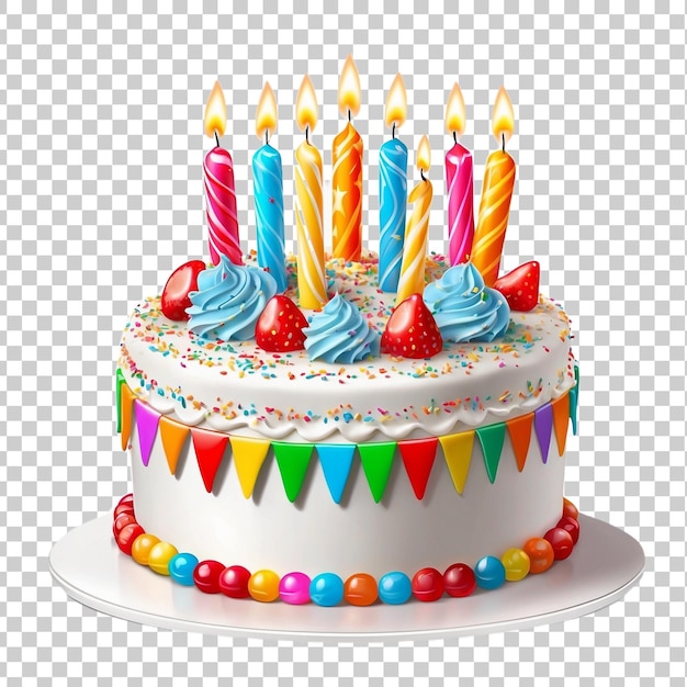 a birthday cake with strawberries on it and a cake with candles lit up isolated