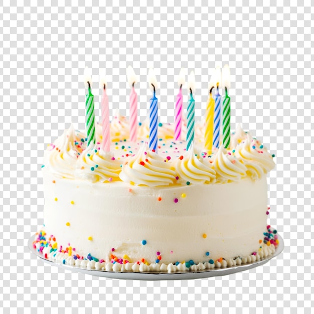 A birthday chocolate cake with candles on a transparent background