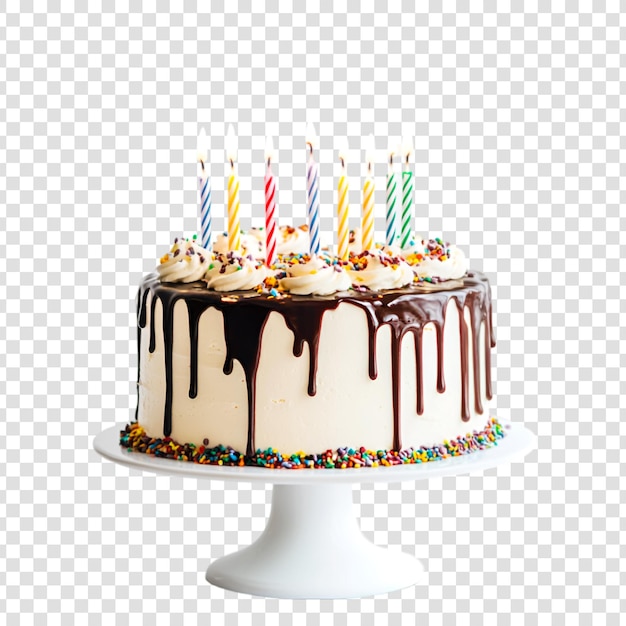 A birthday chocolate cake with candles on a transparent background