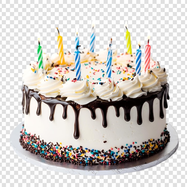 PSD a birthday chocolate cake with candles on a transparent background