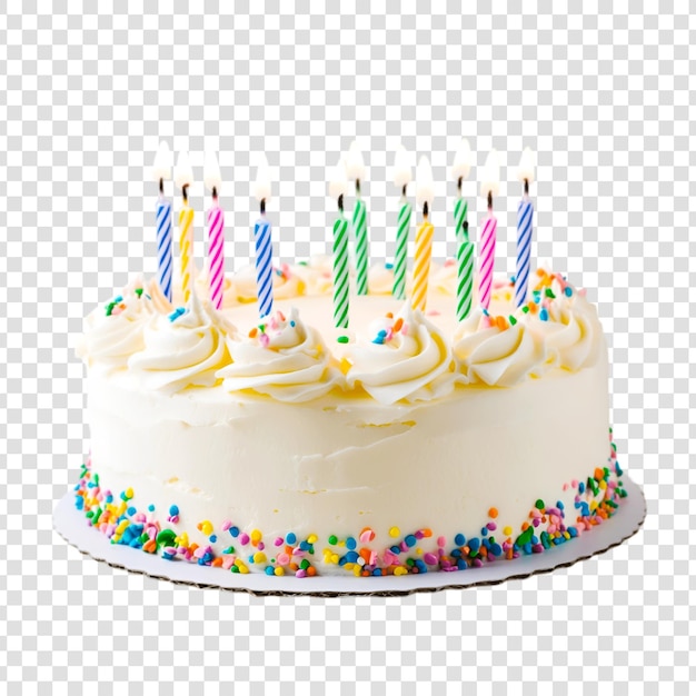 A birthday chocolate cake with candles on a transparent background