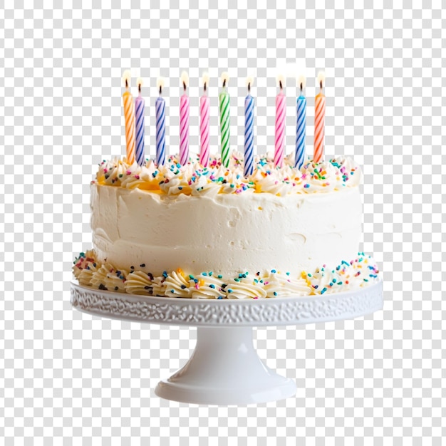 A birthday chocolate cake with candles on a transparent background