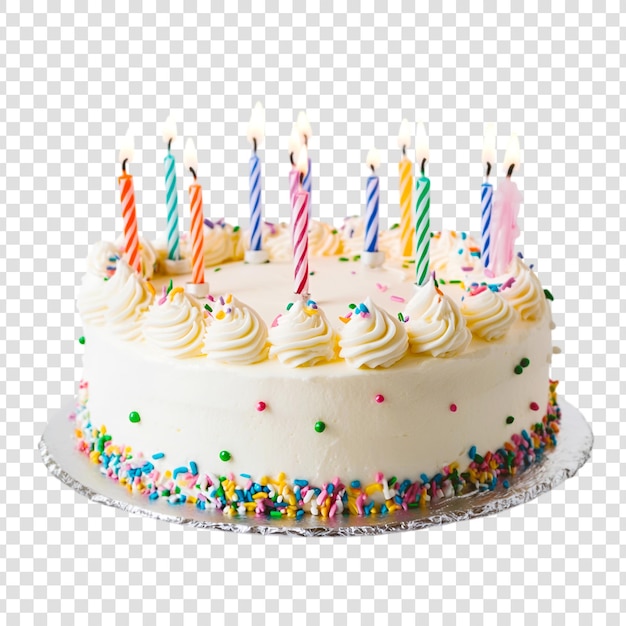 A birthday chocolate cake with candles on a transparent background