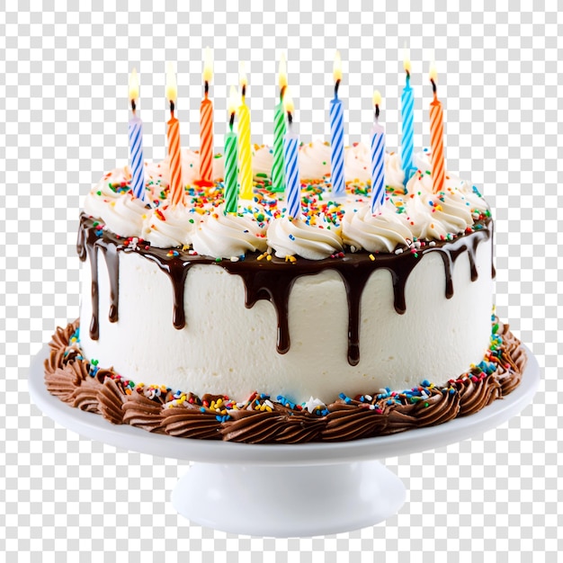 A birthday chocolate cake with candles on a transparent background