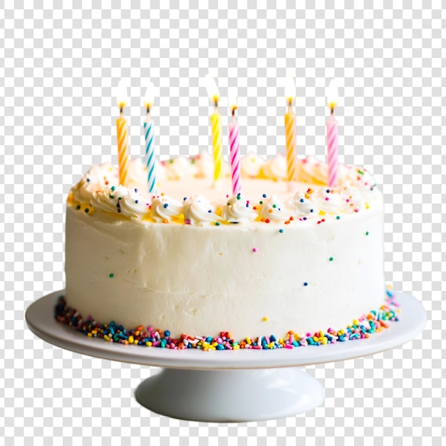 A birthday chocolate cake with candles on a transparent background