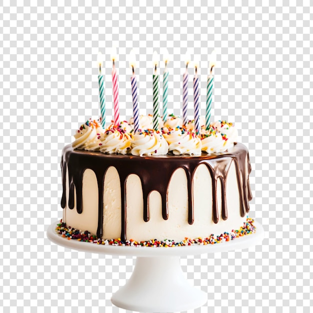 A birthday chocolate cake with candles on a transparent background