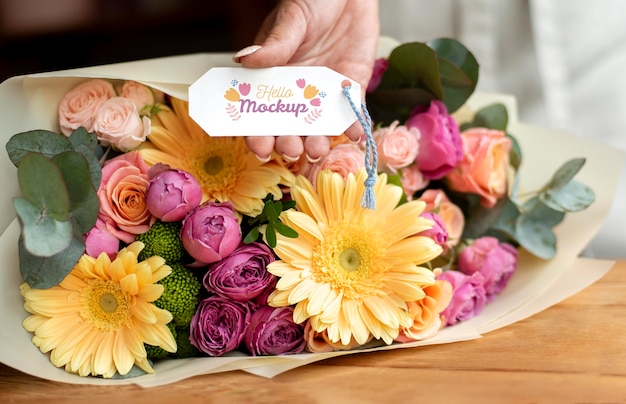 Birthday flowers with tag mock-up arrangement