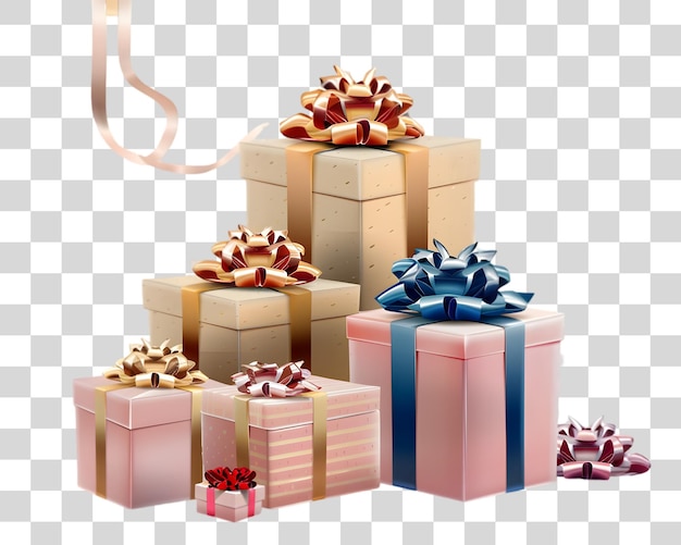 PSD birthday gift boxes with ribbons and bows on a transparent background