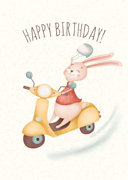 Birthday greeting card with rabbit on a scooter