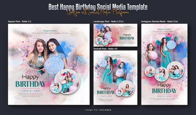 PSD birthday party flyers bundle and instagram post and stories banner social media design set