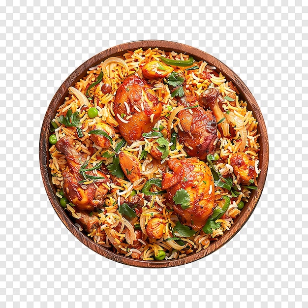 Biryani with chicken pieces isolated on a transparent background