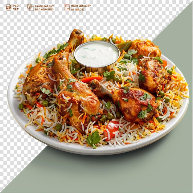 A biryani with chicken pieces on a transparent background