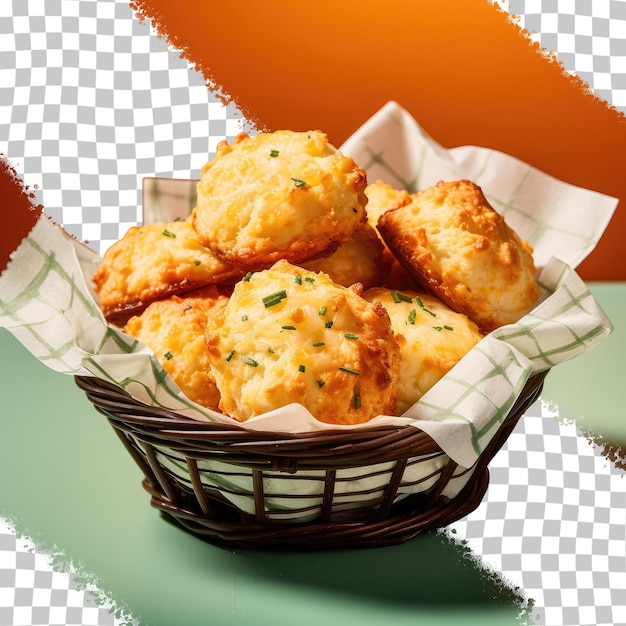 Biscuits with garlic and cheddar in a black basket on a transparent background