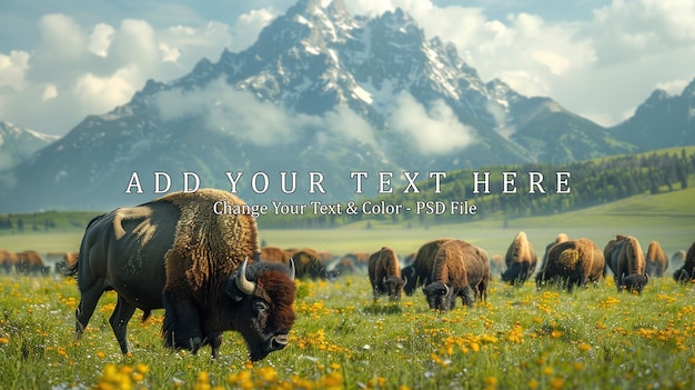 PSD bison grazing in the shadow of majestic mountains