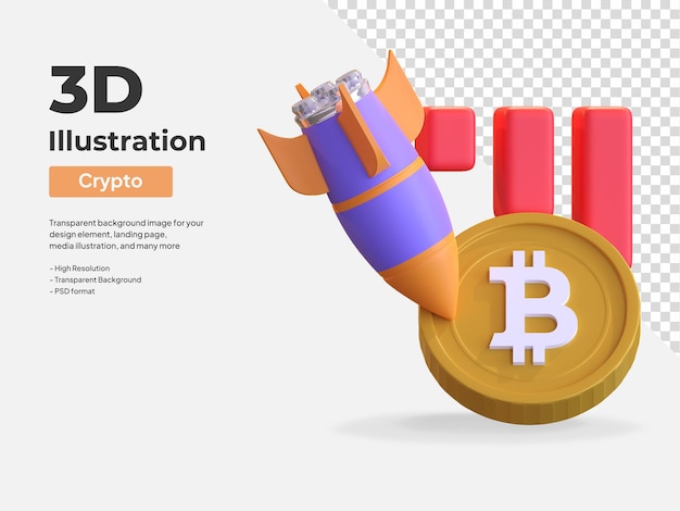 Bitcoin market crash rocket fall 3d icon illustration