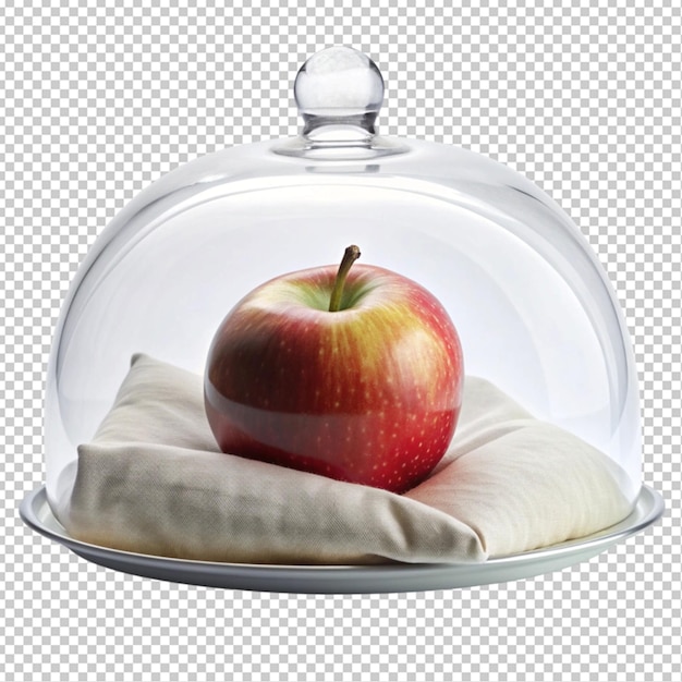 PSD bitten apple on pillow covered with glass cover transparent background