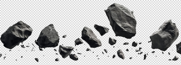 Black asteroid rocks flying isolated on transparent background