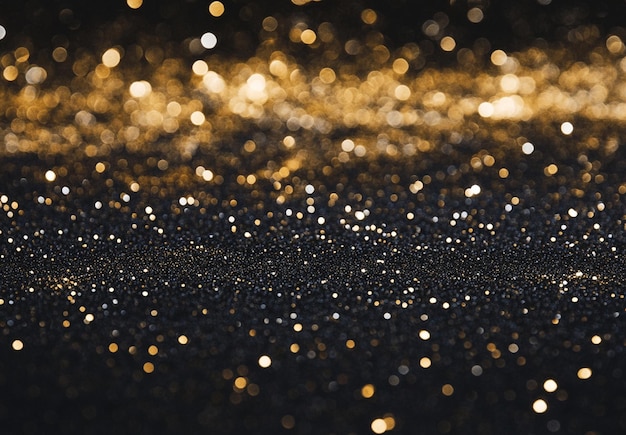 Black background with golden glitter and sparkles gold dots falling on the black background