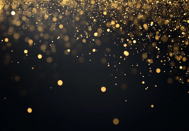 Black background with golden glitter and sparkles gold dots falling on the black background