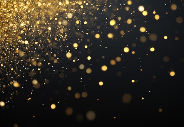 Black background with golden glitter and sparkles gold dots falling on the black background