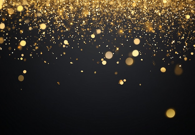 Black background with golden glitter and sparkles gold dots falling on the black background